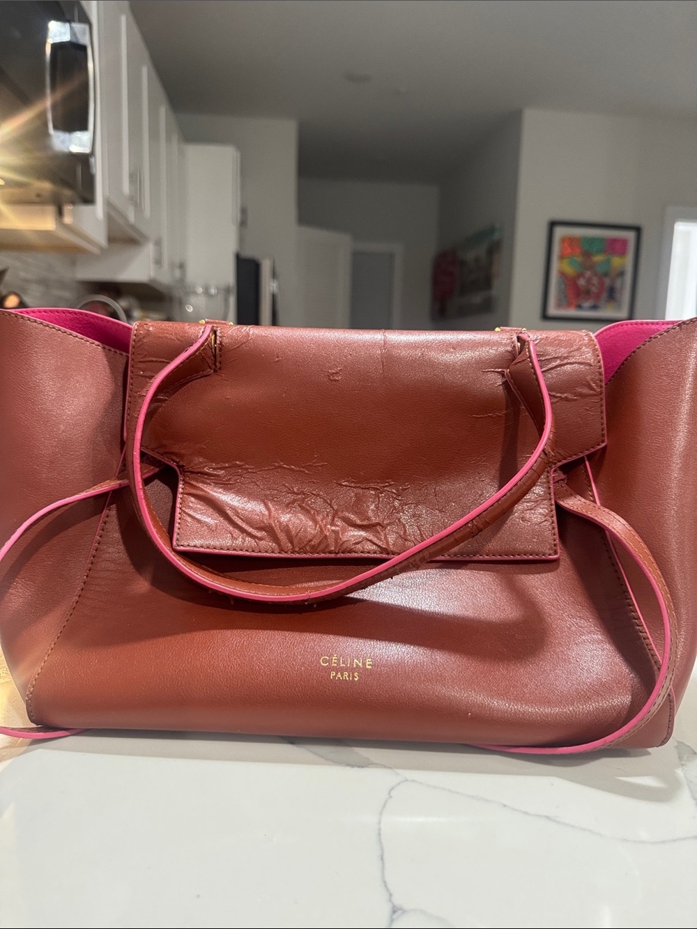Celine Brown Leather Shoulder Bag with Pink Trim